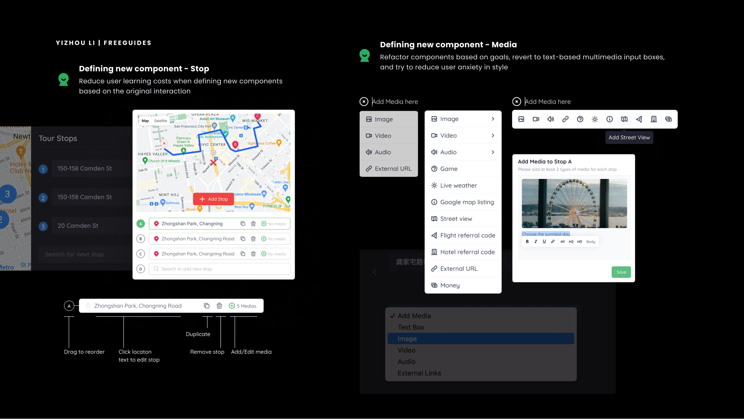Stop and media component definition with interaction annotations